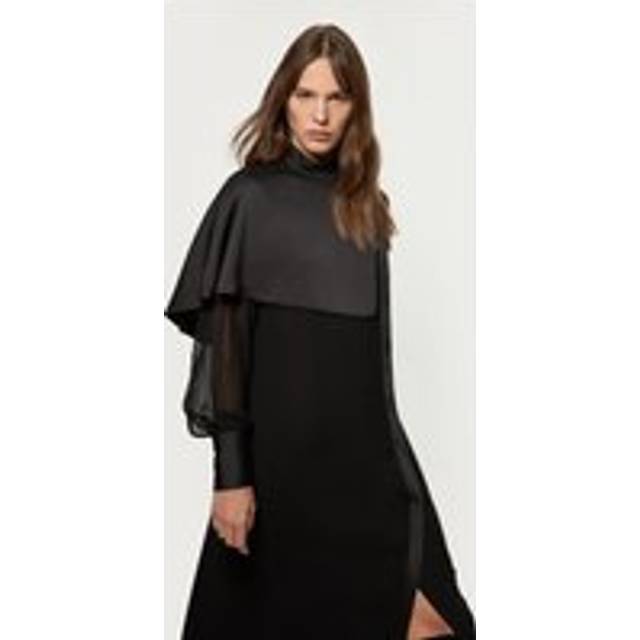 Military Sheer Cape Detail Woven Maxi Dress - Black