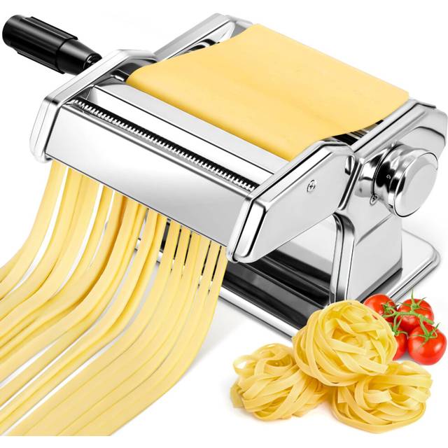 Manual Pasta Maker Machine, Stainless Steel Pasta Roller and Cutter with 7 Adjustable Thickness Settings, Dual Width Noodle Maker for Pasta,
