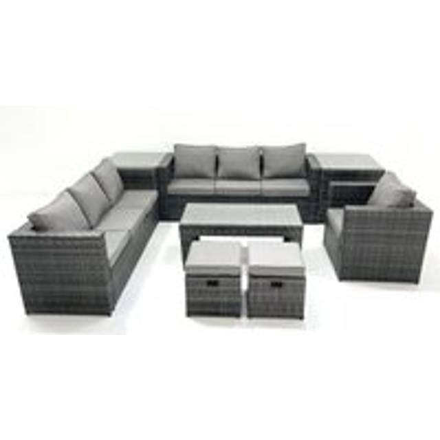 Fimous Rattan Garden Furniture Set Outdoor 9 Seater Patio Conversation Sets with Glass Top Coffee Table Stool 2 Side Tables
