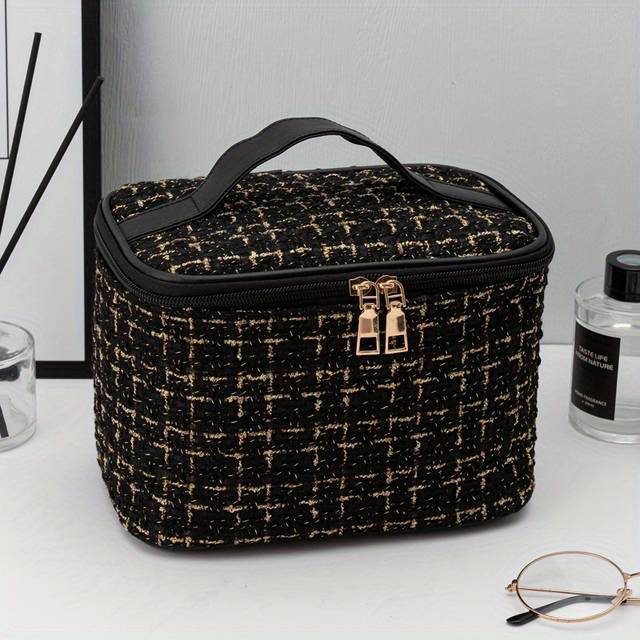 TEMU 1pc Chic Tweed Pattern Cosmetic Bag, Large Capacity Nylon Travel Toiletry Organizer With Portable Handle, Unscented, Stylish Makeup Storage Case For