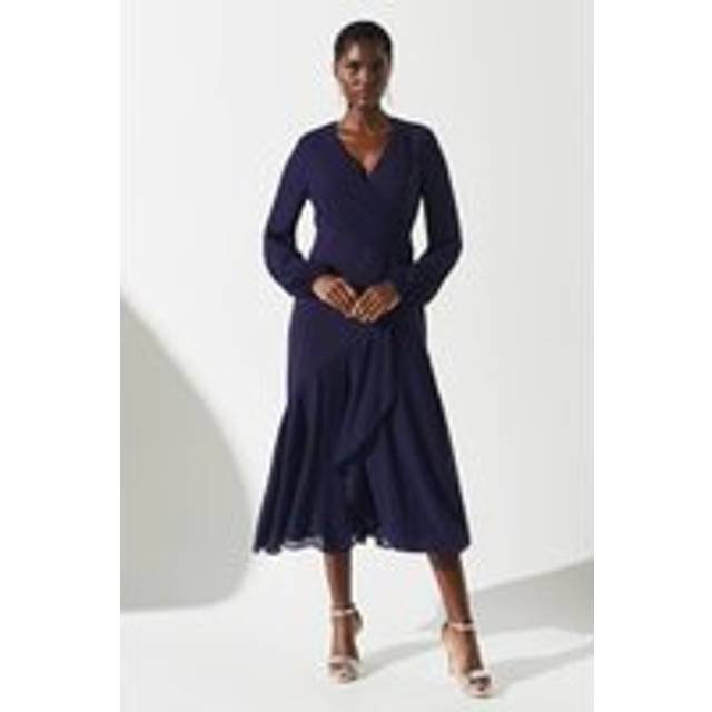 Chiffon And Crepe Mix Wrap Skirt Midi Dress - Navy - 12