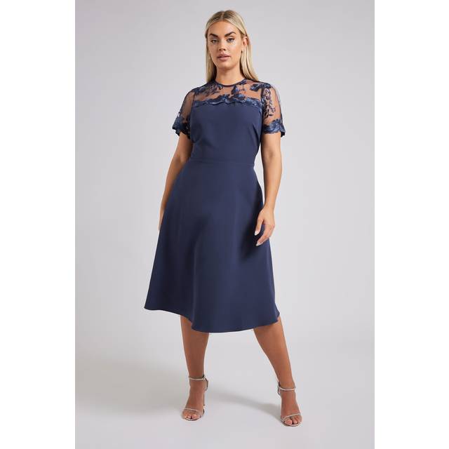 Yours London Curve Navy Blue Embroidered Midi Dress, Women's Curve & Plus Size, Yours London - 26-28