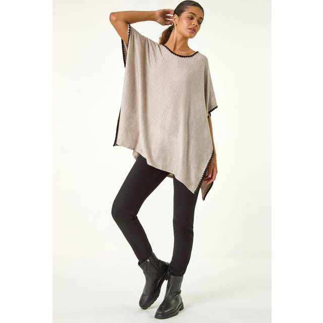 Roman Taupe Blanket Stitch Knit Poncho - Size S-M