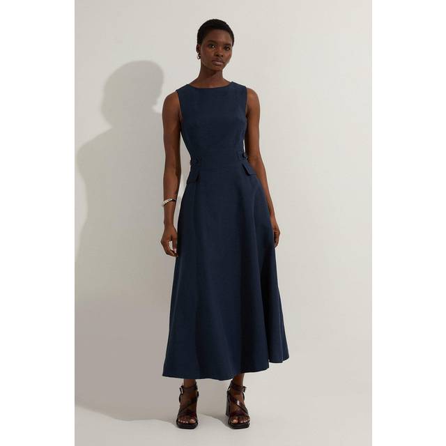 Premium Tailored Linen Buckle Detail Full Skirt Midi Dress - Navy