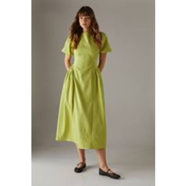 Womens Seersucker Organza Godet Side Puff Sleeve Midi Dress - Yellow - 10