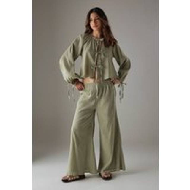 Womens Cheesecloth Shirred Waist Wide Leg Trousers - Green - 10