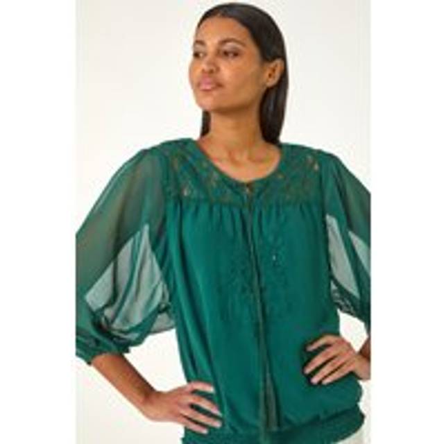 Embroidered Lace Shirred Hem Top - Dark Green - 12