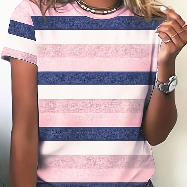 TEMU Women's Vibrant Pink & Blue Striped Short Sleeve T-shirt - Soft Polyester-spandex Blend, Machine Washable, Casual Round Neck Top For Spring/summer, Ladies T Shirts