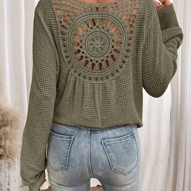 TEMU Women's Elegant V-neck Long Sleeve T-shirt With Contrast Lace Detail, Polyester Knit Fabric, Solid Color, Regular Length, Versatile For Spring, Summer, And Fall Tops
