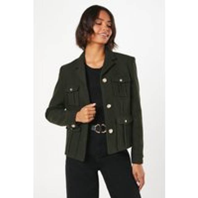 Womens Military Button Wool Short Jacket - Khaki - 6