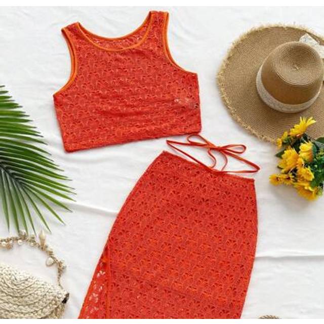 Soleia WYWH Women Vacation Knitted Crochet Vest & A-Line Skirt Set, Suitable For Music Festivals, Boho Style Island Vacation Outfits
