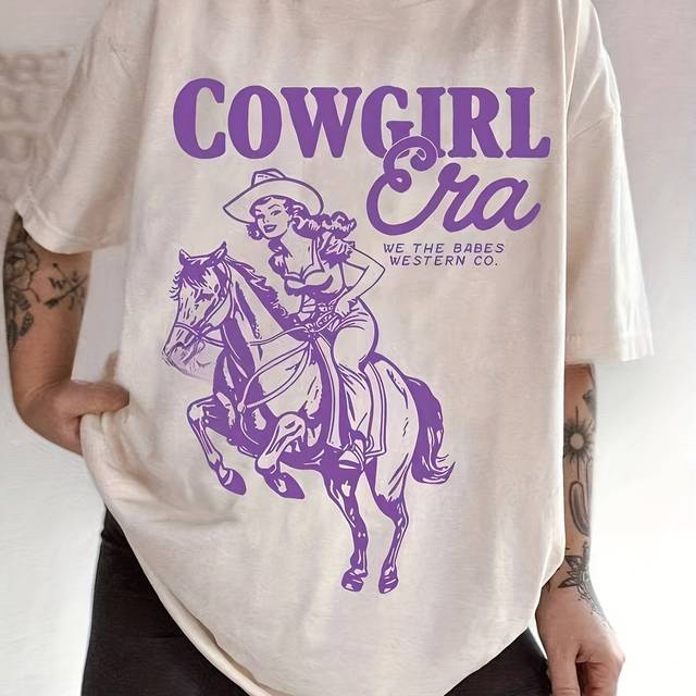 TEMU Cowgirl Era Western Style T-shirt For Women - Casual Polyester Knit Fabric With Round Neckline, , Regular Fit