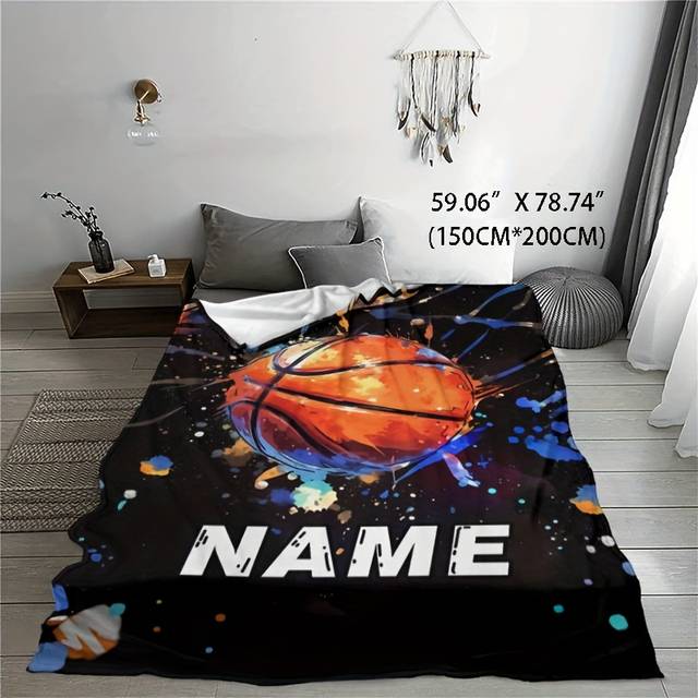 TEMU Customizable Basketball-themed Flannel Throw Blanket - Polyester Knitted Tear-resistant Multipurpose Bedding, Machine Washable For Home, Office, Outdoor Use - Personalized Gift Blanket