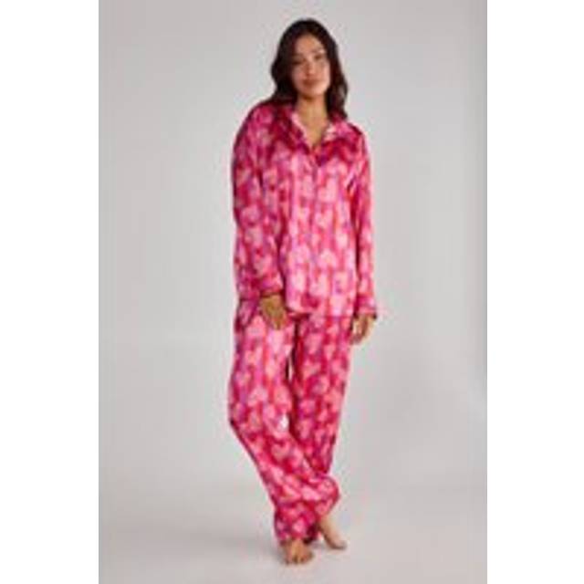 Womens Stripe Heart Oversized Shirt Pajama trousers Set - Pink - S