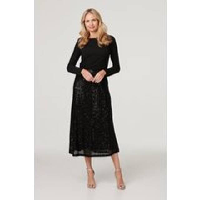 Sequin High Waist Semi Sheer Midi Skirt - Black - 16
