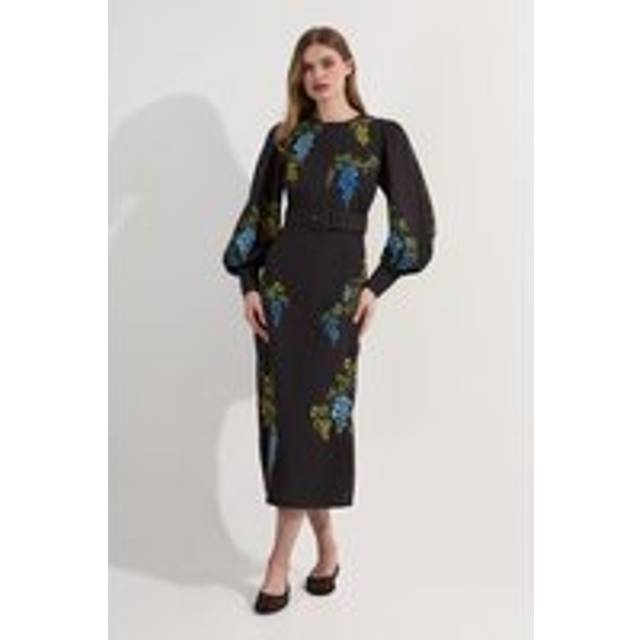 Floral Embroidered Cotton Linen Woven Midi Dress - Black