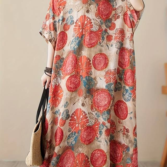 TEMU Plus Size Lounge Dress, Women's Retro Print Batwing Sleeve V Neck Loose