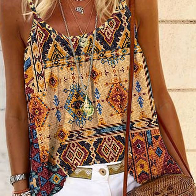 TEMU Women's Vintage-inspired Bohemian Print Cami Top With Thin Straps - Casual Sleeveless Shirt For Vacation, Date Night & Summer , Vacation Cami|bohemian Style Top| Cami, Cute Cami Tops