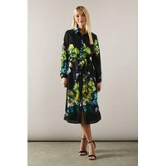 Wallis womens floral shirt dress black collared long sleeve belted midi length