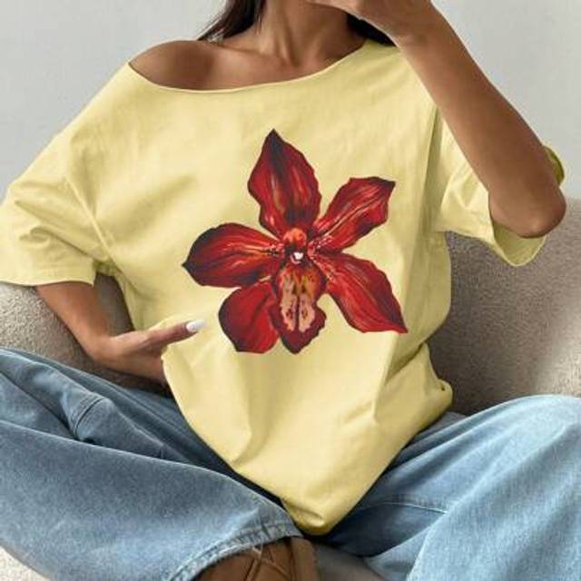 Flirla Oversized Yellow Floral Print Asymmetrical Neck Loose Fit T-Shirt, Y2K Summer Short Sleeve Top