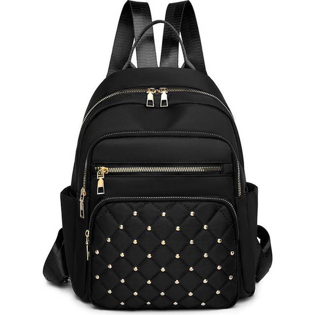 TEMU Stylish Black Oxford Cloth Travel Backpack With Golden Zipper Accents And Quilted Design - Casual Daypack For Men And Women, Backpack For Travel