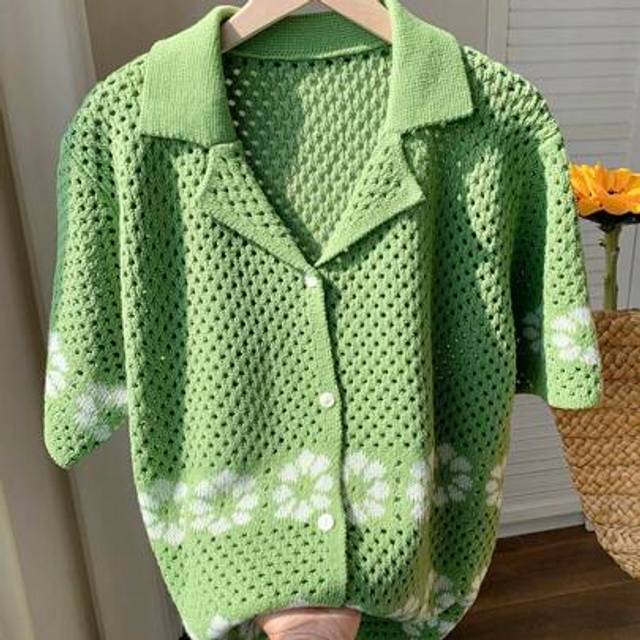 Comfortcana Women&#39;s Summer Vacation Solid Color Lapel Neck Short Sleeve Hollow Out Single-Breasted Thin Cardigan