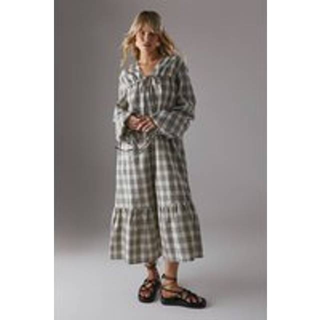 Womens Gathered Channel Detail Check Midi Smock Dress - ivory - Ivory - 14