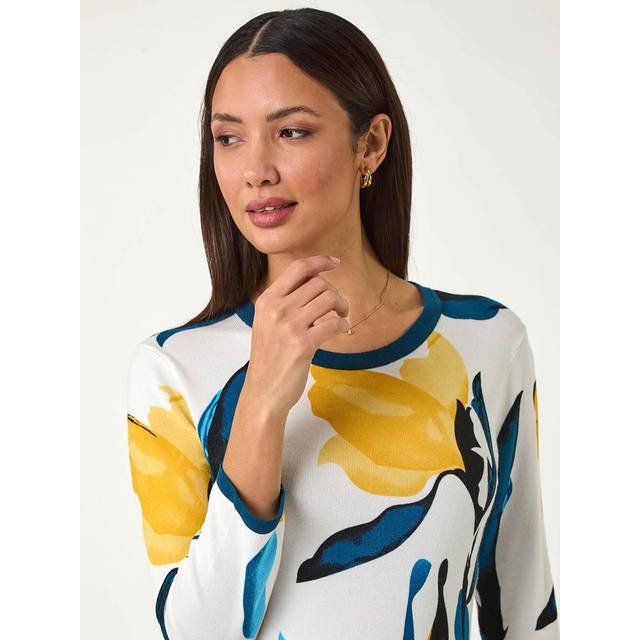 Floral Print 3/4 Sleeve Knit Jumper - Yellow - 18