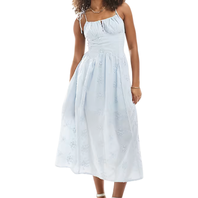 New Look Women's Plus Size Blue Floral Embroidered Cotton Midi Dress Curves - UK 18