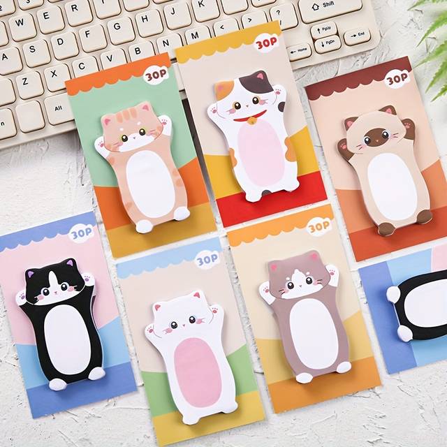TEMU Whiskerwonders 180-count Cute Cartoon Cat Shaped Sticky Notes, 6 Pads Oblong Memo Pads For Office, School, And Study Decorative Reminders
