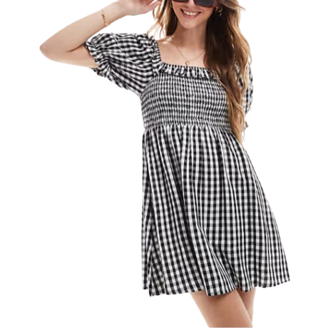New Look Women's Black Gingham Check Shirred Mini Dress - UK 12