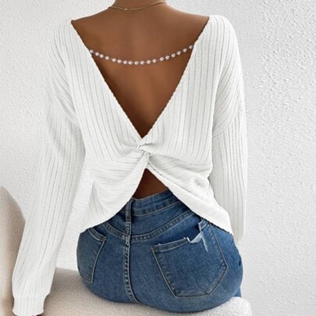 SHEIN Twist Back Pearls Chain Drop Shoulder Tee