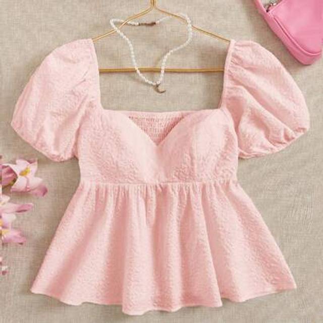 Soleia Sweetheart Neck Puff Sleeve Shirred Back Peplum Blouse