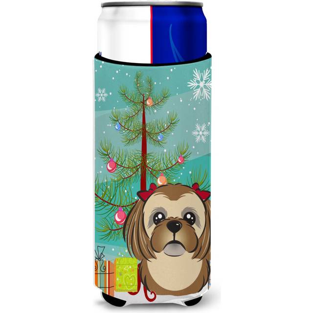 Caroline's Treasures Christmas Tree and Chocolate Brown Shih Tzu Michelob Ultra Koozies for Slim Cans  Multicolor