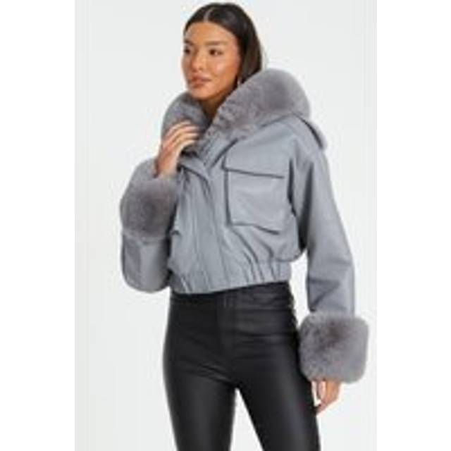 Womens Grey Faux Fur Bomber Jacket - XS