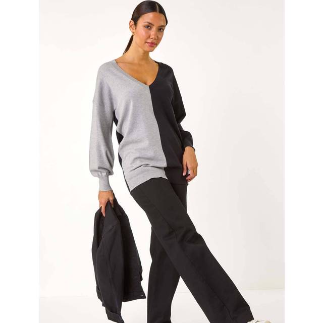 V-Neck Colour Block Knit Jumper - Grey - 12