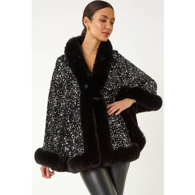 Faux Fur Trim Sequin Cape - Black - One Size
