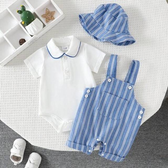 SHEIN 3pcs/Set Newborn Baby Boys Gentleman Casual Outfit, White Polo Collar Snap Crotch Romper, Striped Pocket Bib Pants And Bucket Hat, Summer, Kid Clothes