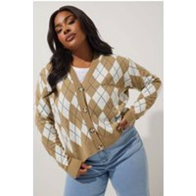Limited Collection Plus Size Natural Brown Argyle Knitted Cardigan Size 22-24