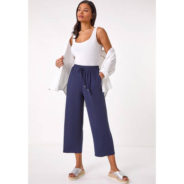 Cropped Linen Mix Trouser - Navy - 14