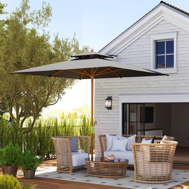 Outsunny 3(m) Wood Square Umbrella Garden Market Parasol Sunshade Black