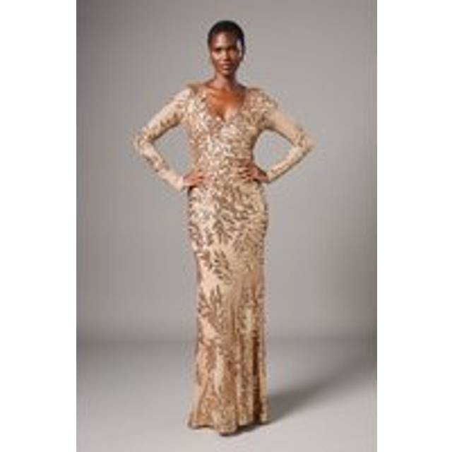 Long Sleeve Floral Sequin Maxi Dress - Gold - 12