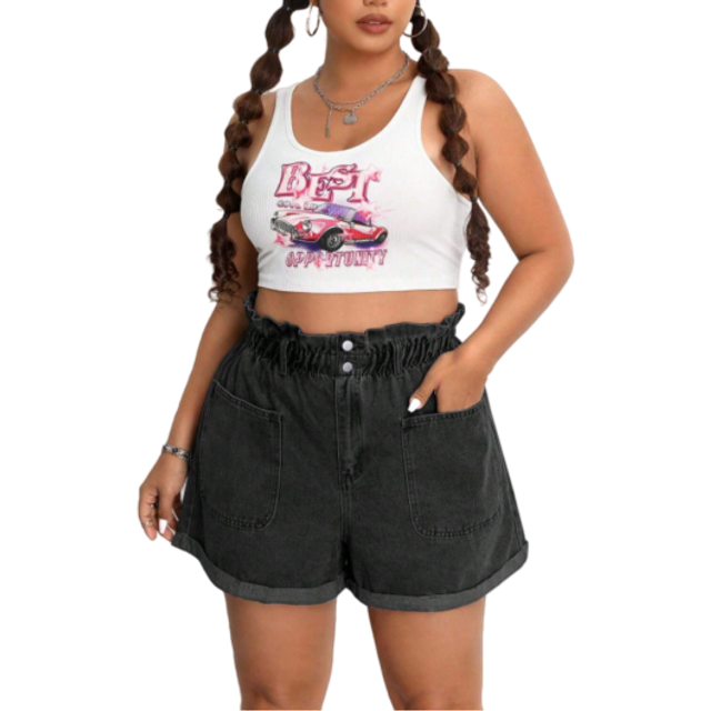 SHEIN Plus Size Women High Waist Wide-Leg Denim Shorts With Pleated Hem And Pockets
