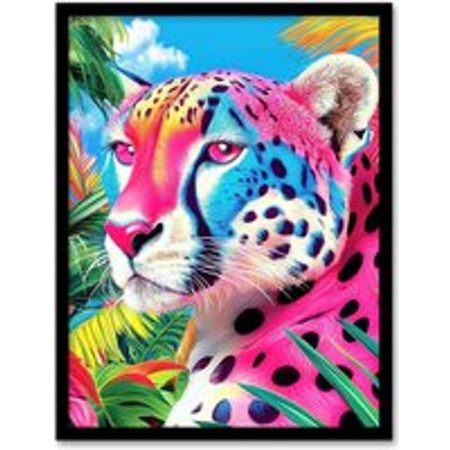 Cheetah Jungle Plants Colourful Animal Portrait Framed Art Print - Pink - A4