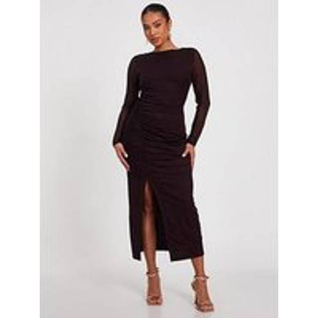 Womens Brown Petite Mesh Long Sleeve Midaxi Dress - 8
