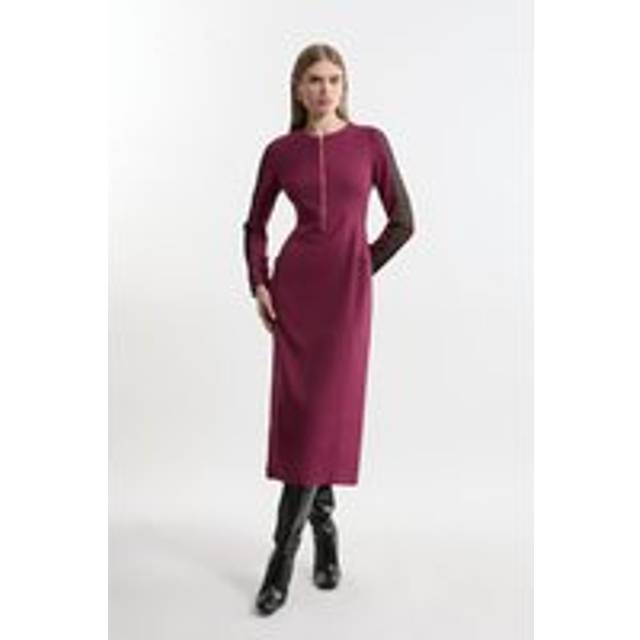 Petite Tailored Twill Lace Mix Zip Front Midi Dress - Red
