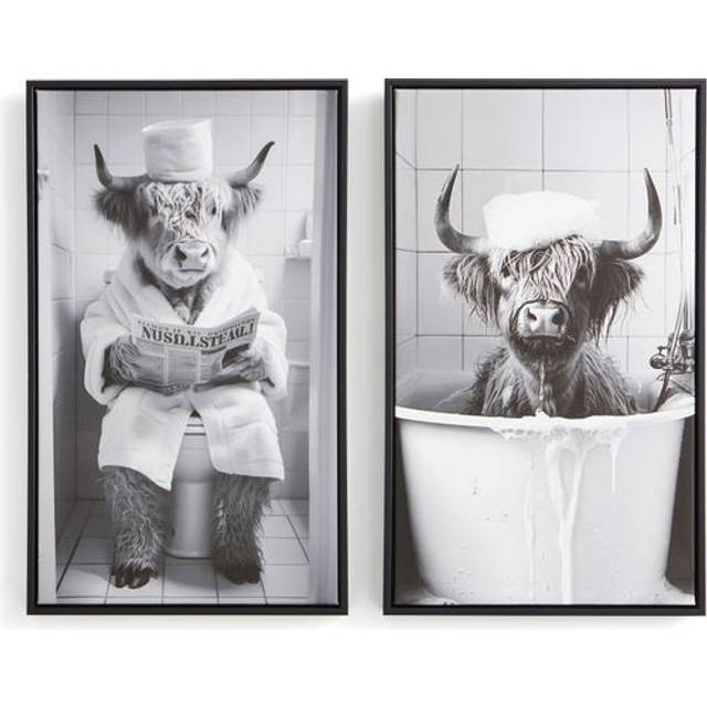 Set of 2 Monochrome Highland Cow Framed Canvases - Black/White