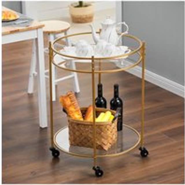 Modern Metal 2-Tier Drinks Trolley on Wheels - Gold - One Size
