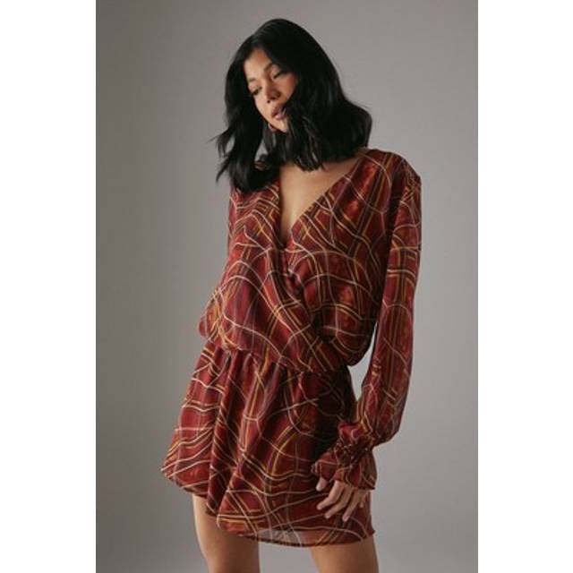Womens Chiffon Wrap Drop Waist Mini Dress - Red - 14
