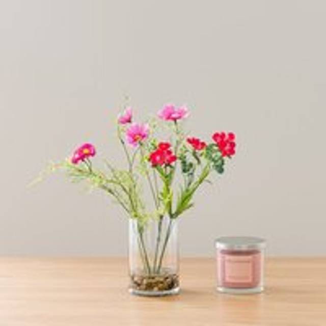 Artificial Wildflower Bouquet in Vase & Wild Rhubarb Candle Gift Set - Pink